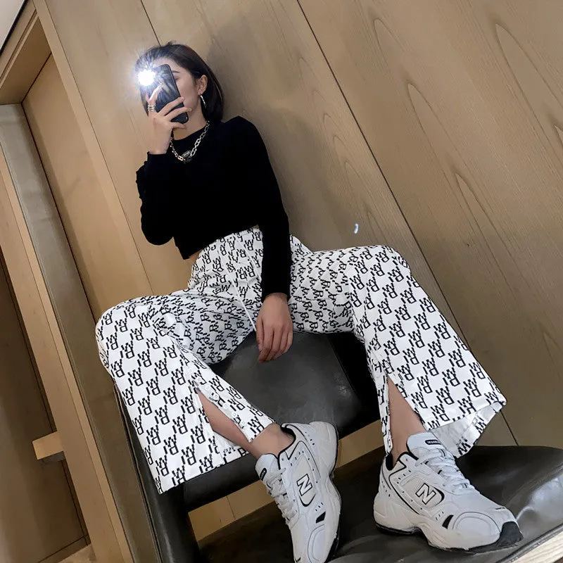 High Waist Alphabets Casual Flare Leg Pants Women Loose Slim-Look Drape Splitted Knitted Trumpet Pants