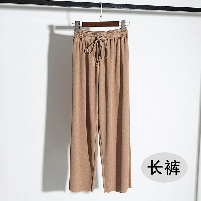 Ice Silk Drape Wide Leg Pants Women Summer Ankle-Length High Waist Elastic Loose Floor Length Long Straight Pants