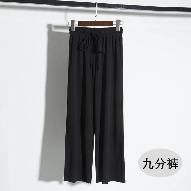 Ice Silk Drape Wide Leg Pants Women Summer Ankle-Length High Waist Elastic Loose Floor Length Long Straight Pants