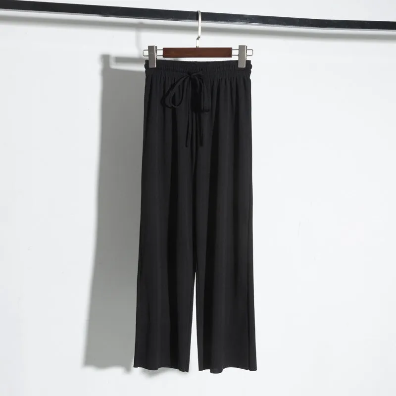 Ice Silk Drape Wide Leg Pants Women Summer Ankle-Length High Waist Elastic Loose Floor Length Long Straight Pants