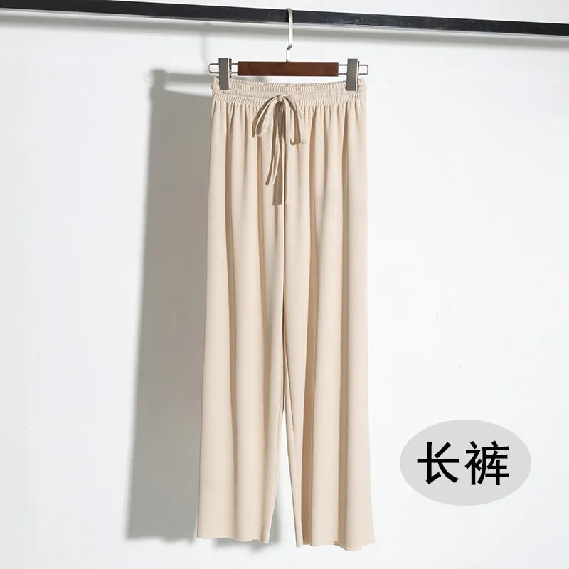 Ice Silk Drape Wide Leg Pants Women Summer Ankle-Length High Waist Elastic Loose Floor Length Long Straight Pants