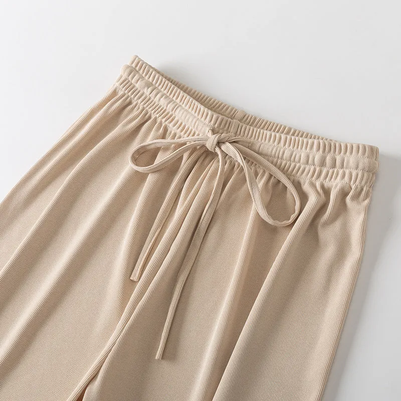 Ice Silk Drape Wide Leg Pants Women Summer Ankle-Length High Waist Elastic Loose Floor Length Long Straight Pants