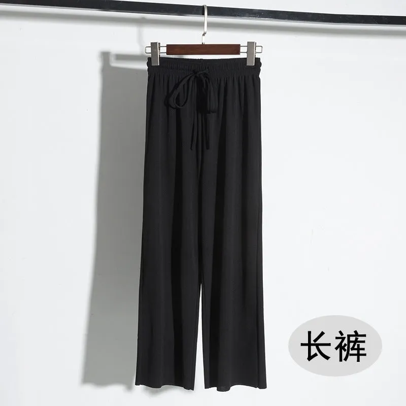 Ice Silk Drape Wide Leg Pants Women Summer Ankle-Length High Waist Elastic Loose Floor Length Long Straight Pants