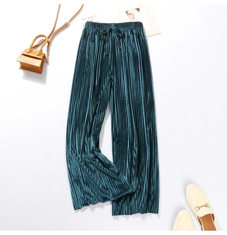 Ice Silk Pleated Wide Leg Women Cool Casual Plus Size Long Drape Loose Ankle-Length Pants