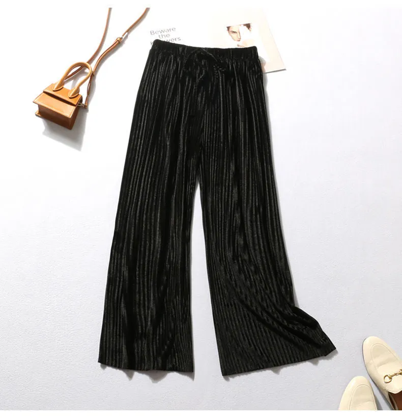 Ice Silk Pleated Wide Leg Women Cool Casual Plus Size Long Drape Loose Ankle-Length Pants