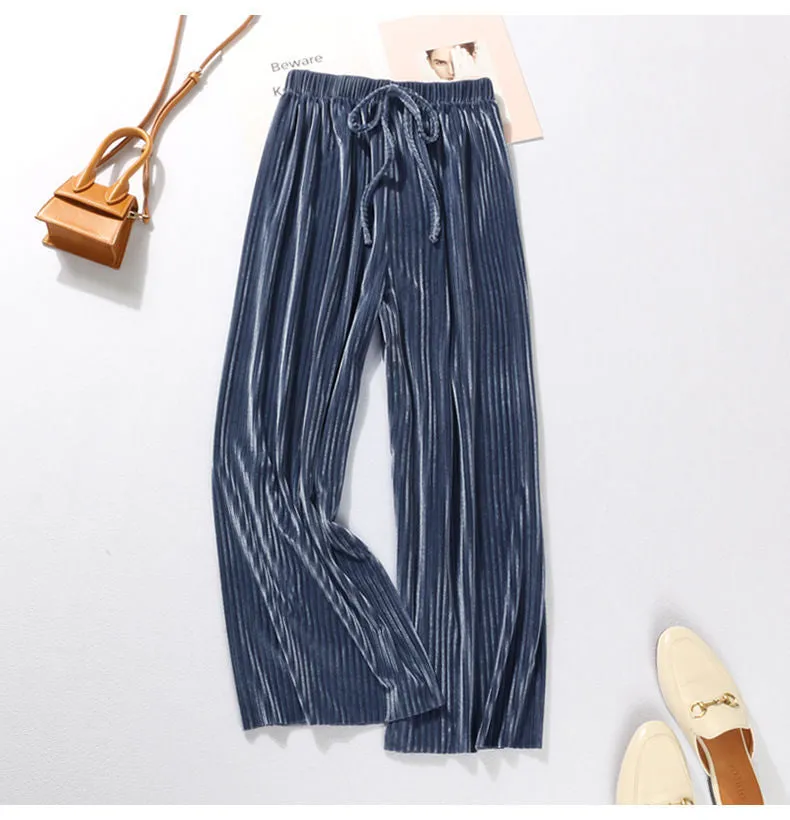 Ice Silk Pleated Wide Leg Women Cool Casual Plus Size Long Drape Loose Ankle-Length Pants