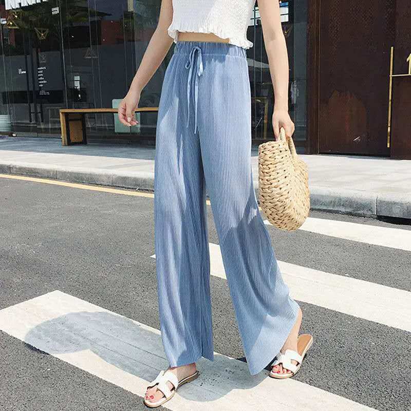 Ice Silk Pleated Wide Leg Women Cool Casual Plus Size Long Drape Loose Ankle-Length Pants