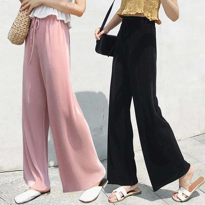 Ice Silk Pleated Wide Leg Women Cool Casual Plus Size Long Drape Loose Ankle-Length Pants