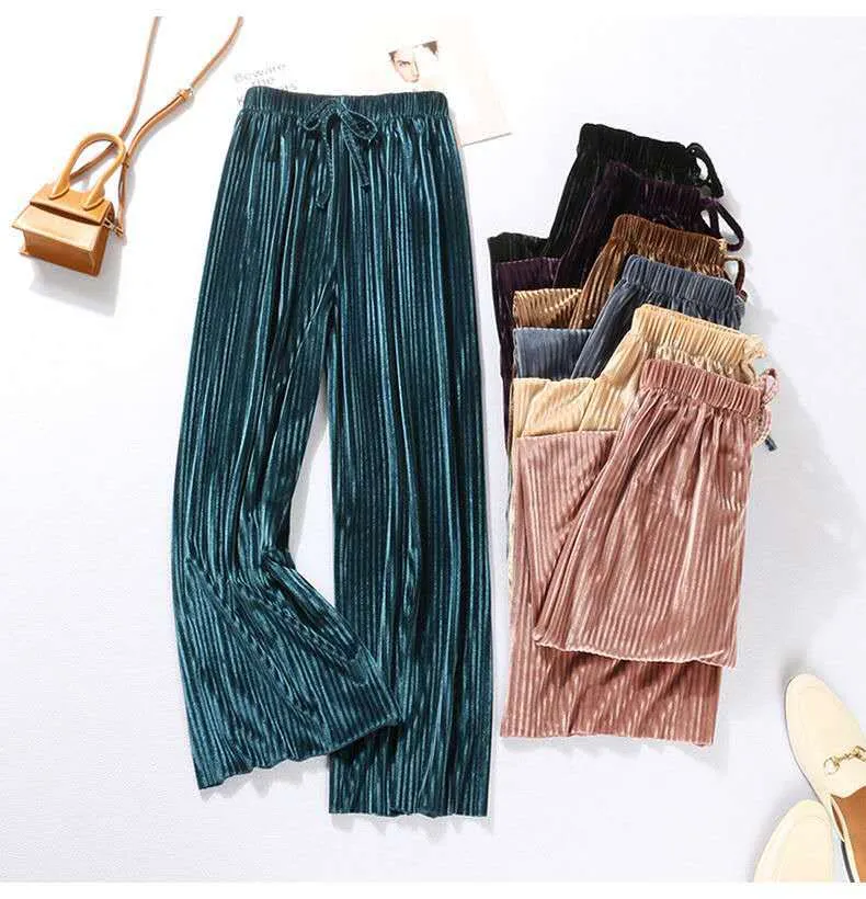 Ice Silk Pleated Wide Leg Women Cool Casual Plus Size Long Drape Loose Ankle-Length Pants