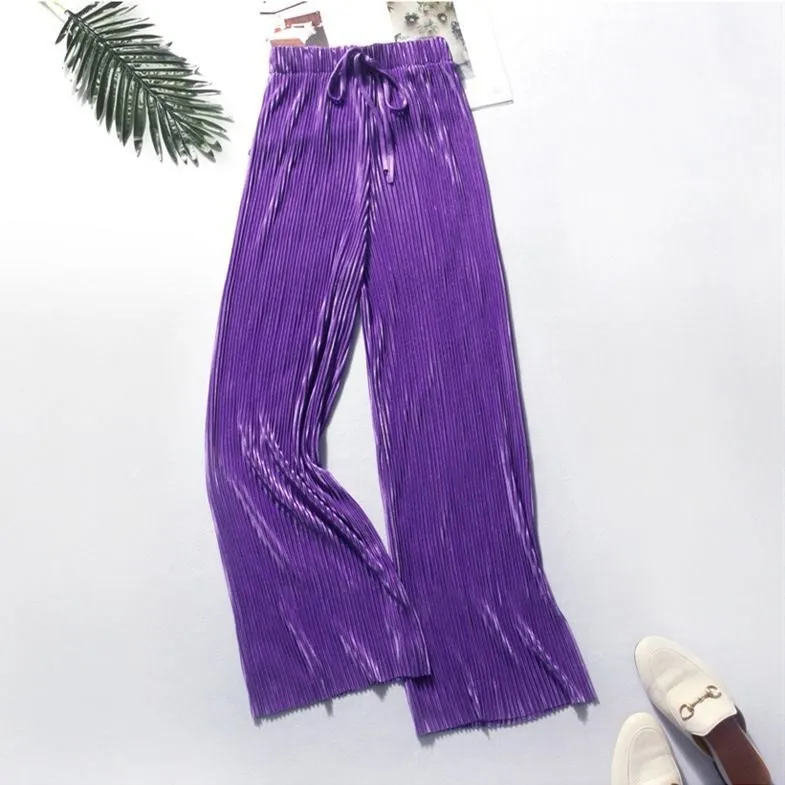 Ice Silk Pleated Wide Leg Women Cool Casual Plus Size Long Drape Loose Ankle-Length Pants