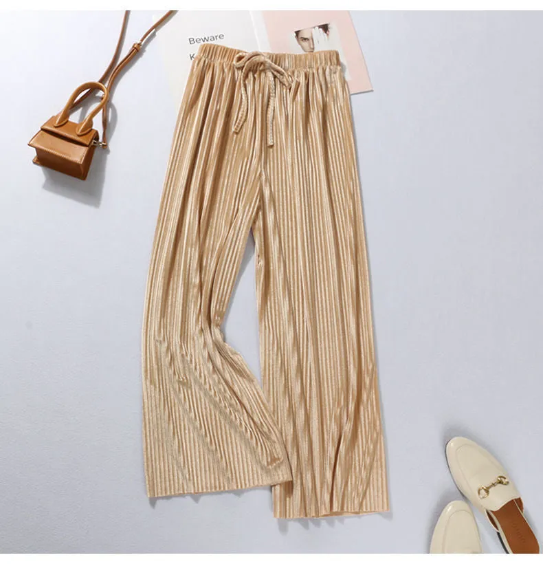 Ice Silk Pleated Wide Leg Women Cool Casual Plus Size Long Drape Loose Ankle-Length Pants