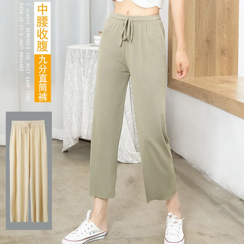 Ice Silk Wide Leg Pants Women Ankle-Length High Waist Straight Casual Loose Long Drape Pants