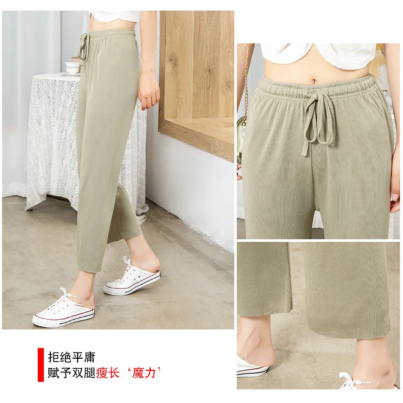 Ice Silk Wide Leg Pants Women Ankle-Length High Waist Straight Casual Loose Long Drape Pants