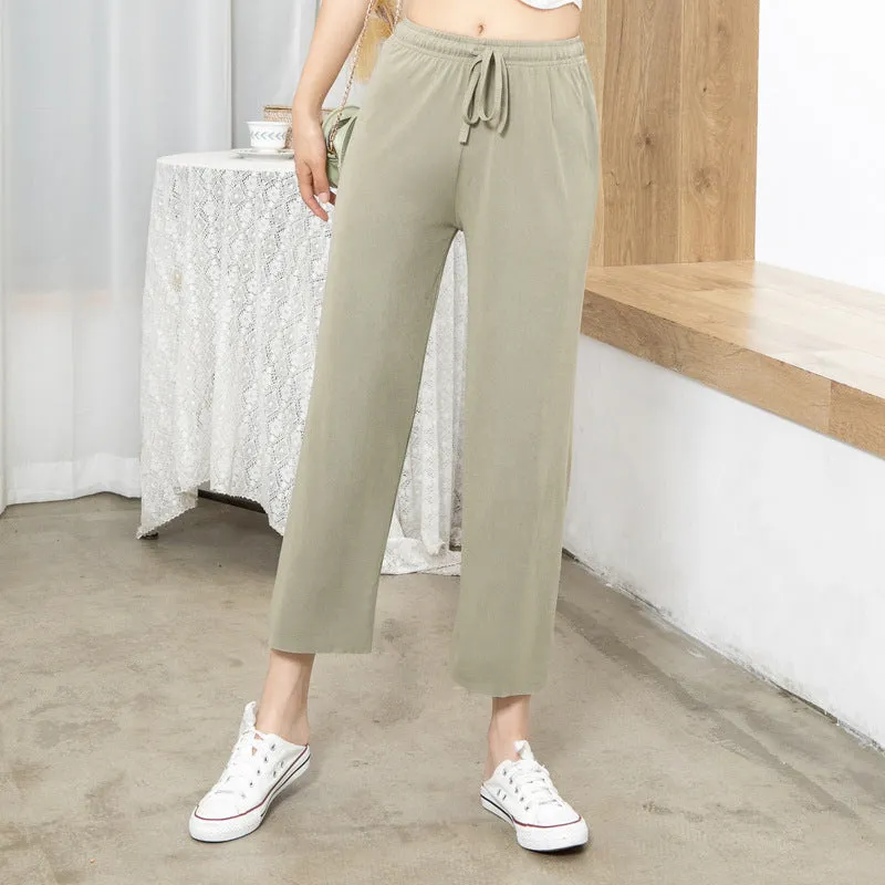 Ice Silk Wide Leg Pants Women Ankle-Length High Waist Straight Casual Loose Long Drape Pants