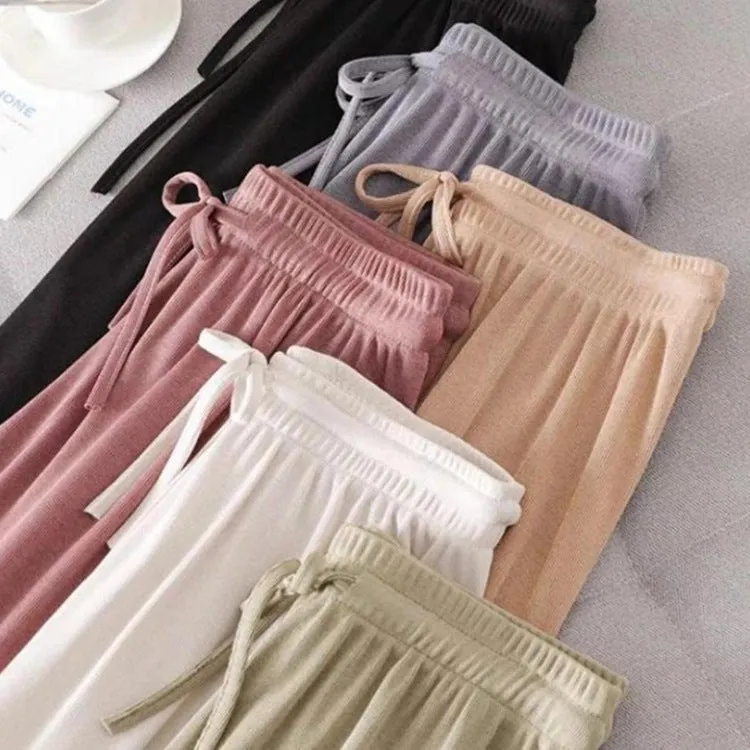 Ice Silk Wide Leg Women Summer Drape Knitted Milk Tea High Waist Straight Loose Casual Floor Length Pants