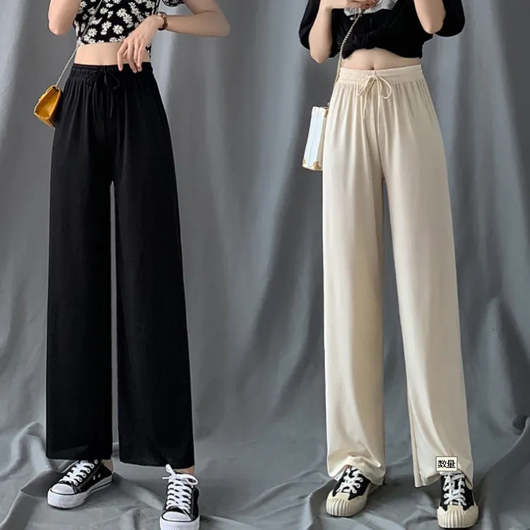 Ice Silk Wide Leg Women Summer Drape Knitted Milk Tea High Waist Straight Loose Casual Floor Length Pants