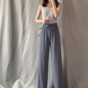 Ice Silk Wide Leg Women Summer High Waist Thin White Slim-Look Drape Loose Straight Petite Black Floor Length Pants