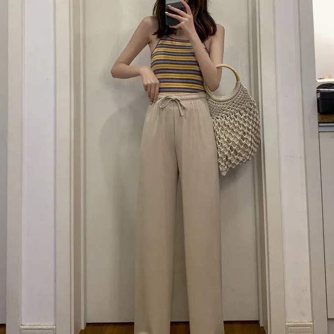 Ice Silk Wide Leg Women Summer High Waist Thin White Slim-Look Drape Loose Straight Petite Black Floor Length Pants