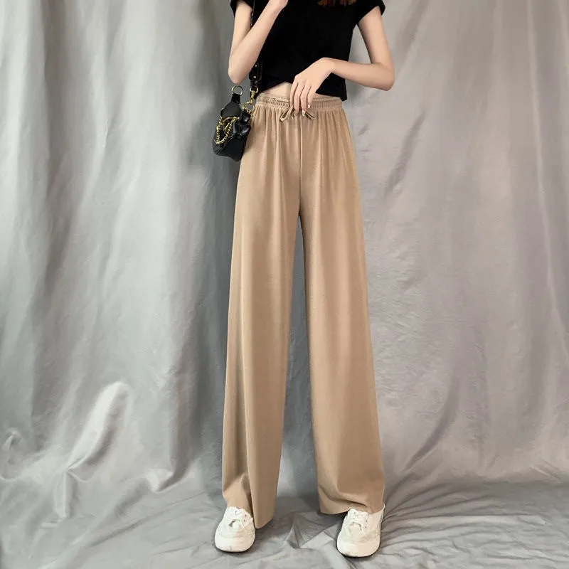 Ice Silk Wide Leg Women Summer High Waist Thin White Slim-Look Drape Loose Straight Petite Black Floor Length Pants