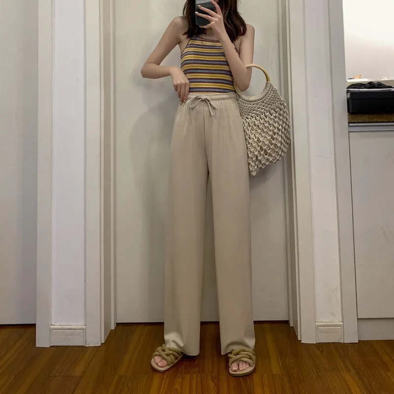 Ice Silk Wide Leg Women Summer High Waist Thin White Slim-Look Drape Loose Straight Petite Black Floor Length Pants