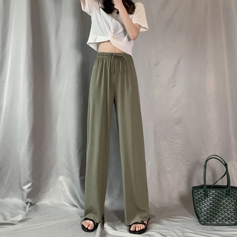 Ice Silk Wide Leg Women Summer High Waist Thin White Slim-Look Drape Loose Straight Petite Black Floor Length Pants