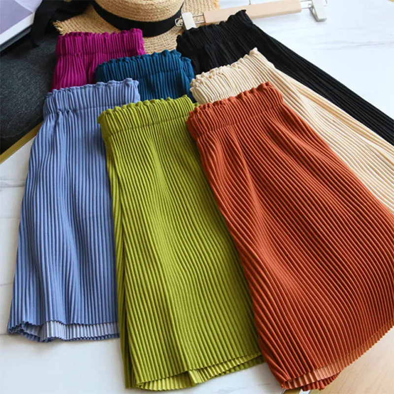 Inspired Shorts Fold Mid-Length Casual Summer High Waist Ice Silk Student Sporty Hot Women Wide Leg Pants