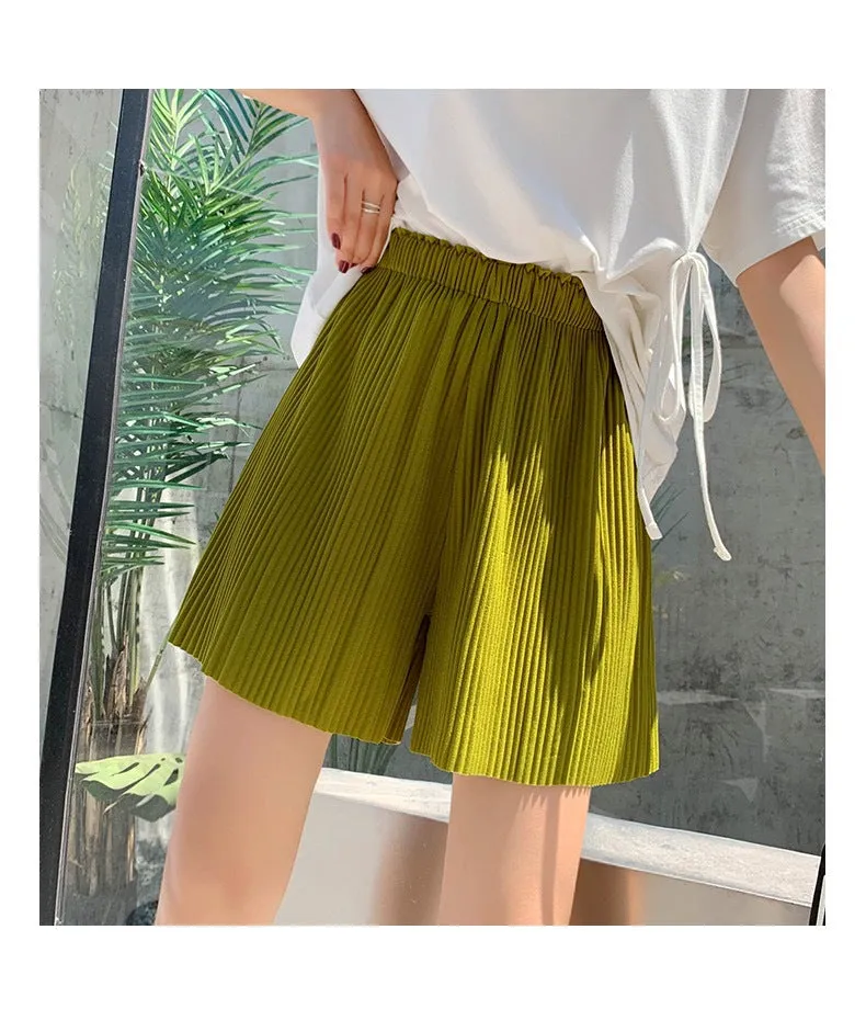 Inspired Shorts Fold Mid-Length Casual Summer High Waist Ice Silk Student Sporty Hot Women Wide Leg Pants