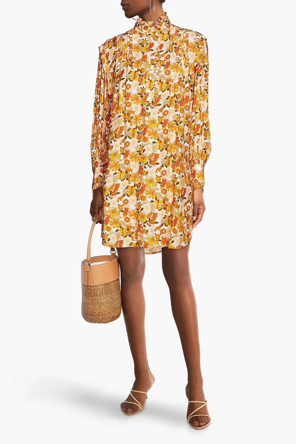 Jacquard mini dress Filipa with pintucks and floral print SANDRO, orange