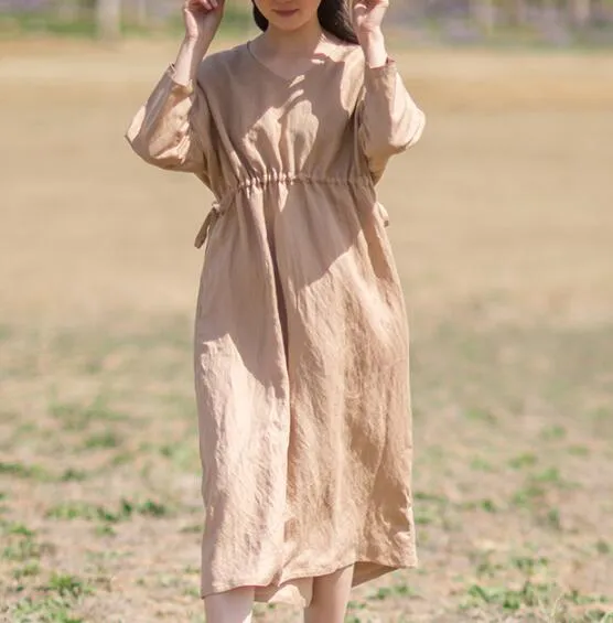 Khaki Women Summer Linen Dresses Long Sleeves Waist Belt Women Dresses 87950