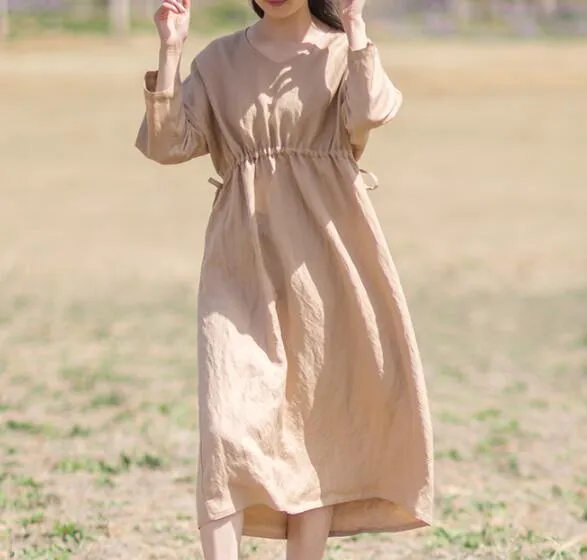 Khaki Women Summer Linen Dresses Long Sleeves Waist Belt Women Dresses 87950