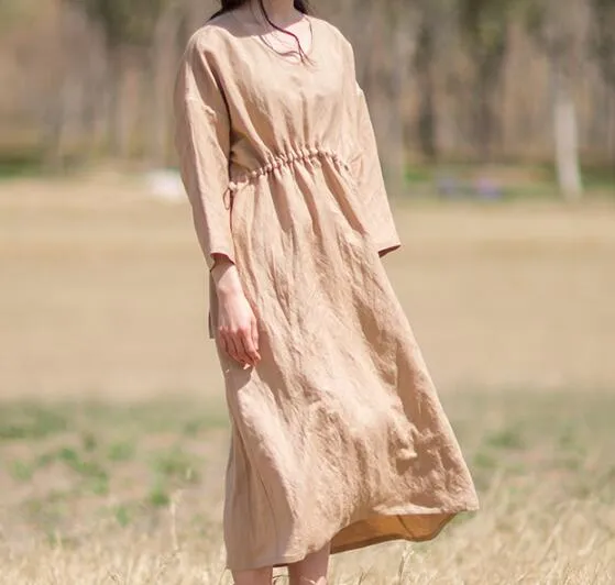 Khaki Women Summer Linen Dresses Long Sleeves Waist Belt Women Dresses 87950