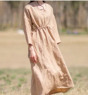 Khaki Women Summer Linen Dresses Long Sleeves Waist Belt Women Dresses 87950