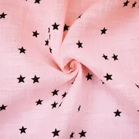 Light Pink-Navy Stars Printed Linen Woven Fabric