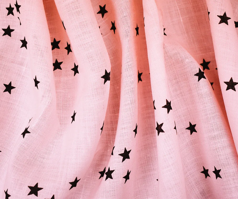 Light Pink-Navy Stars Printed Linen Woven Fabric