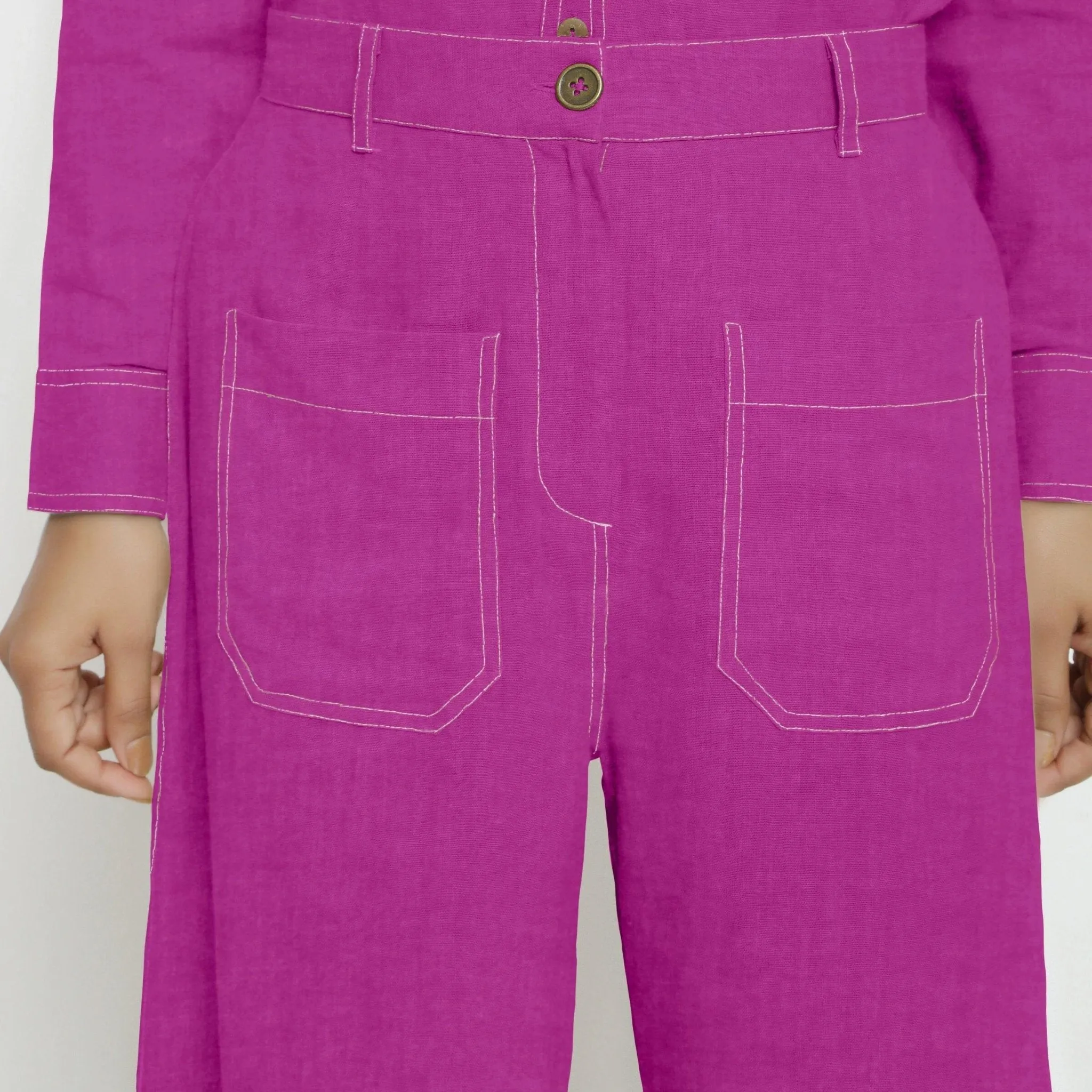 Magenta Cotton Linen Patch Pocket Wide Legged Pant