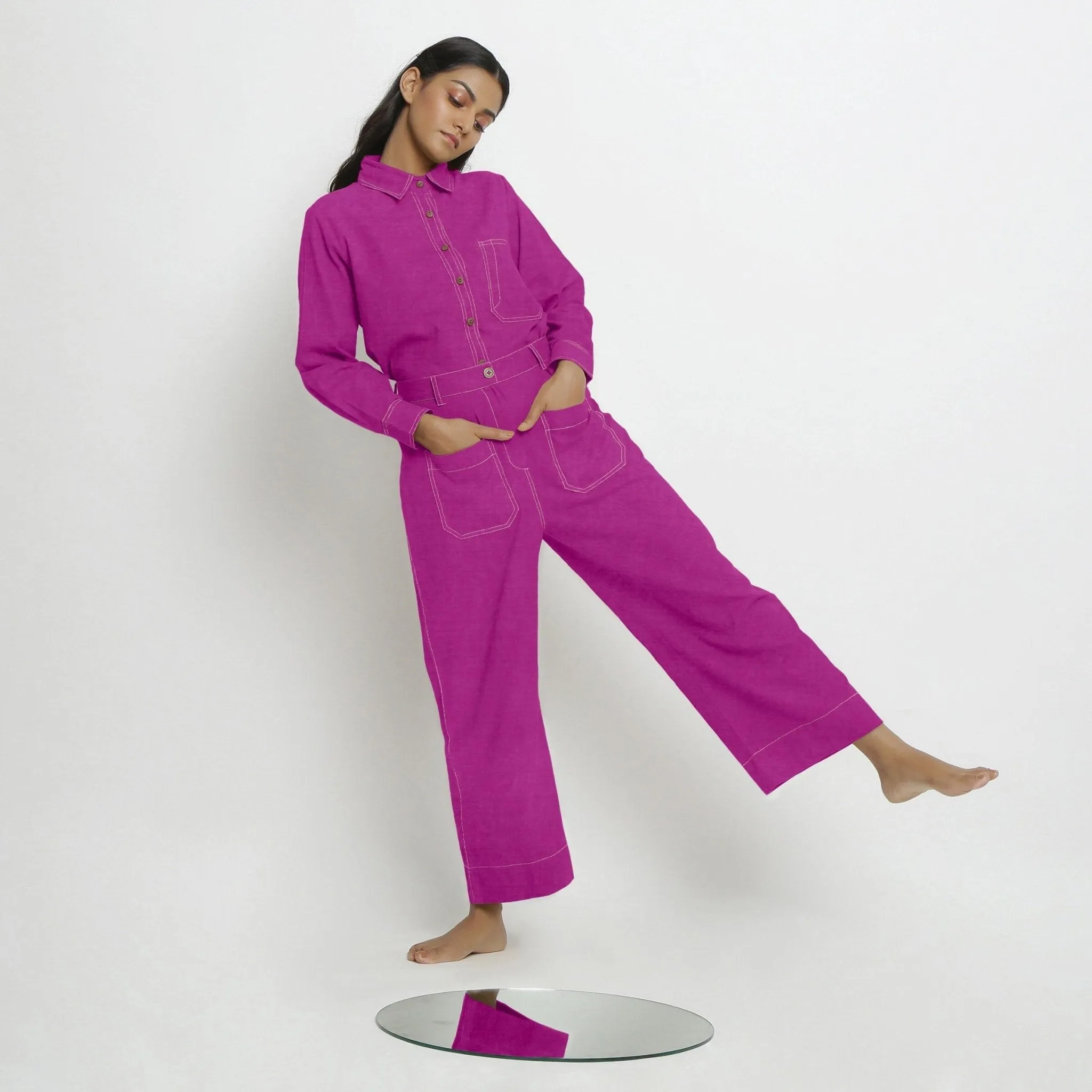 Magenta Cotton Linen Patch Pocket Wide Legged Pant