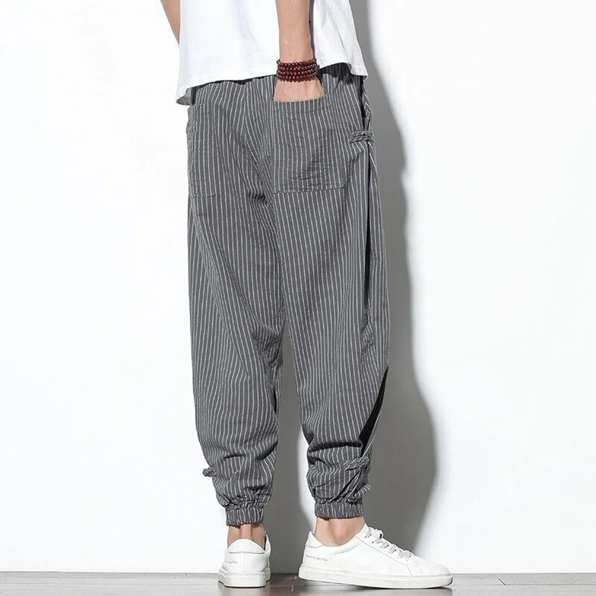 Men's Pants Loose Thin Grey Striped Jogger Breathable Casual Harem Pants