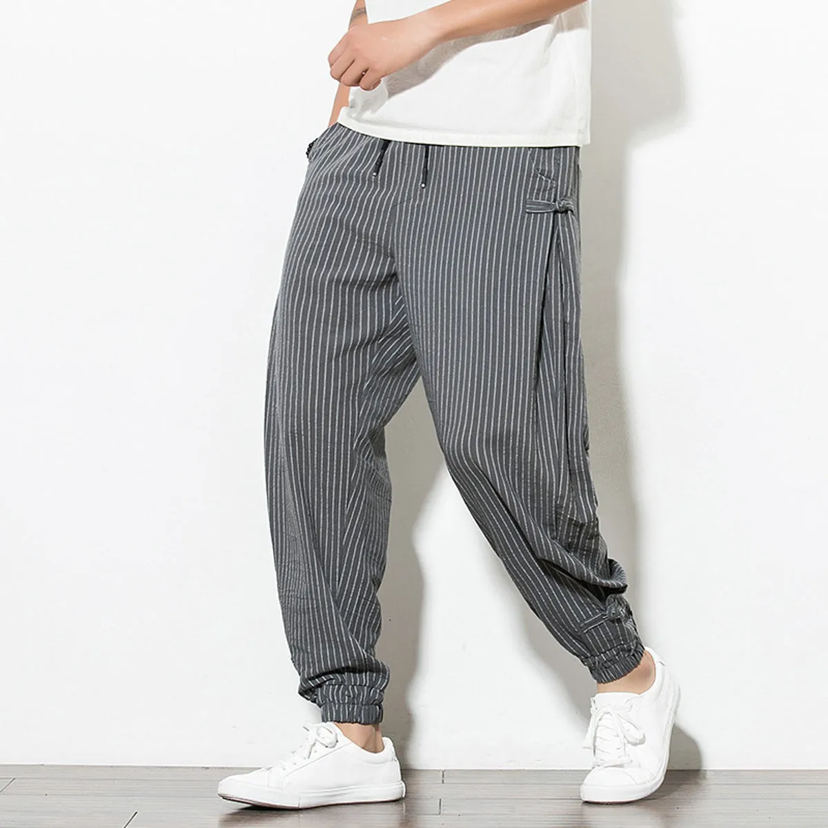 Men's Pants Loose Thin Grey Striped Jogger Breathable Casual Harem Pants