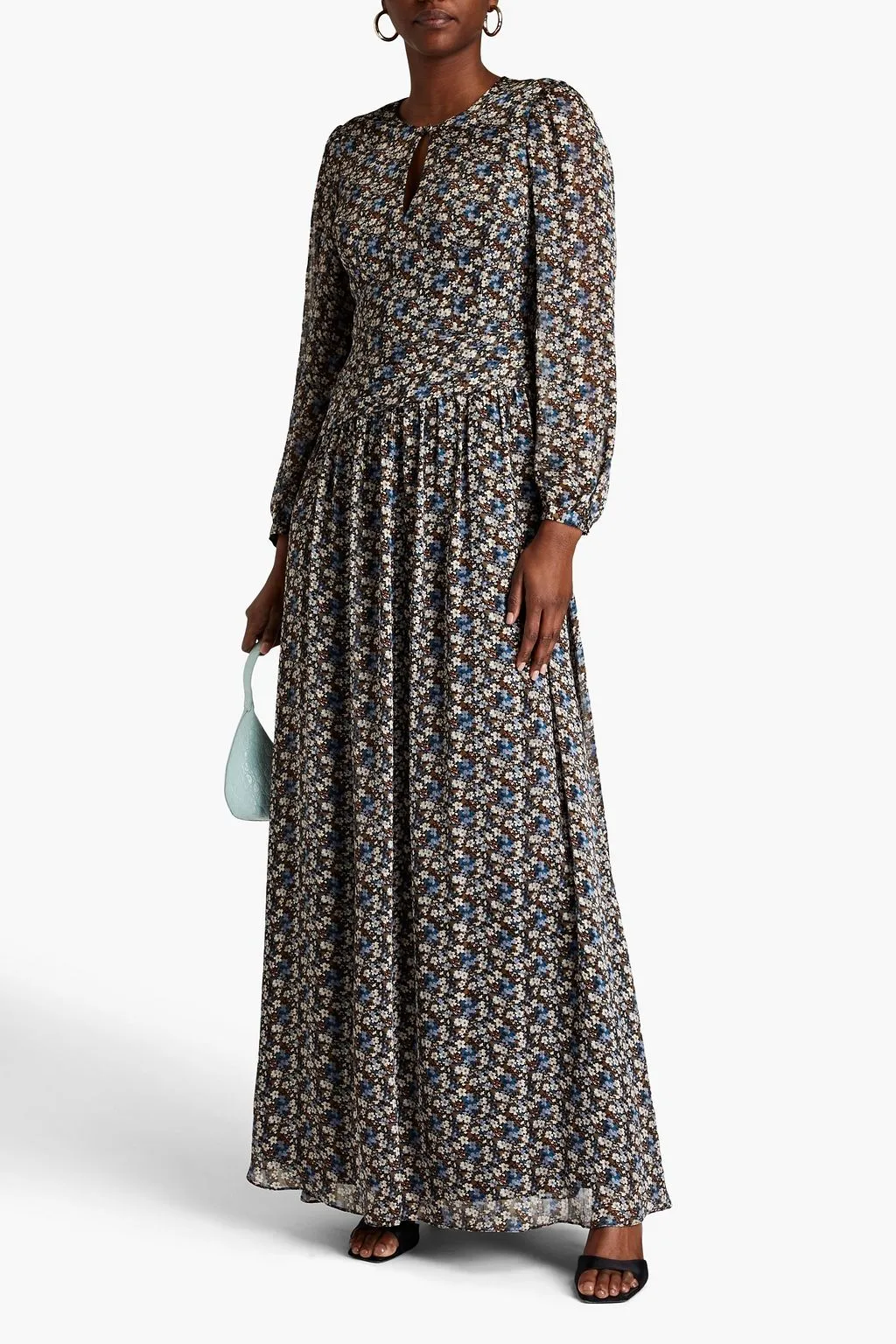 MIKAEL AGHAL Floral Ruched Georgette Maxi Dress, Brown