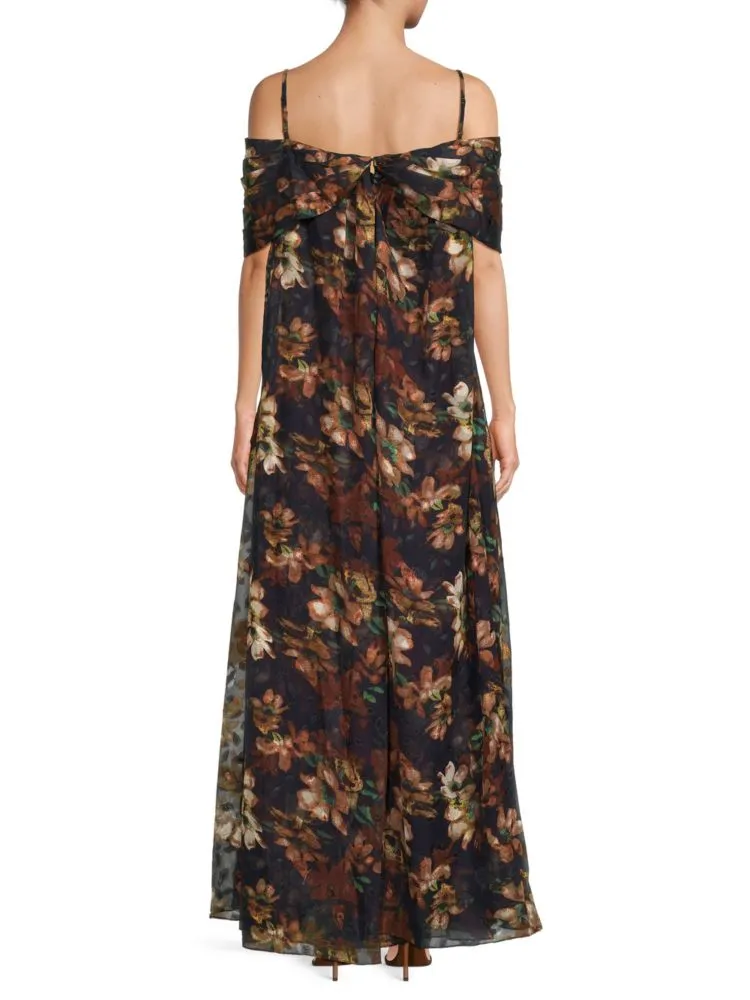 Mikael Aghal Pleated Off Shoulder Floral Print Dress, Navy Multi