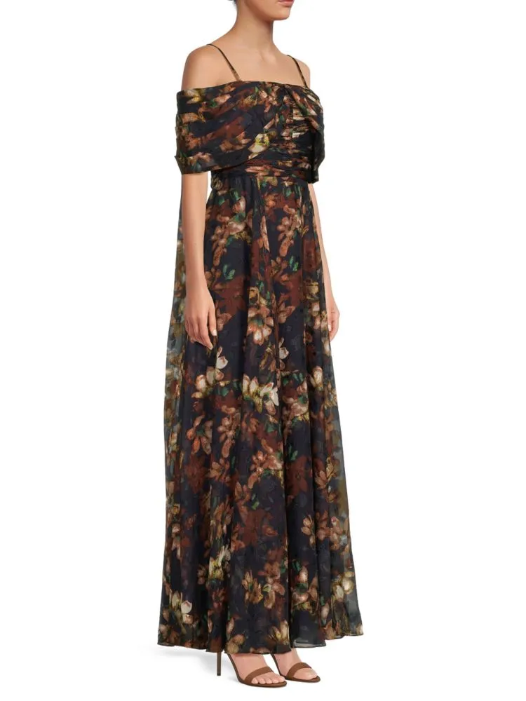 Mikael Aghal Pleated Off Shoulder Floral Print Dress, Navy Multi