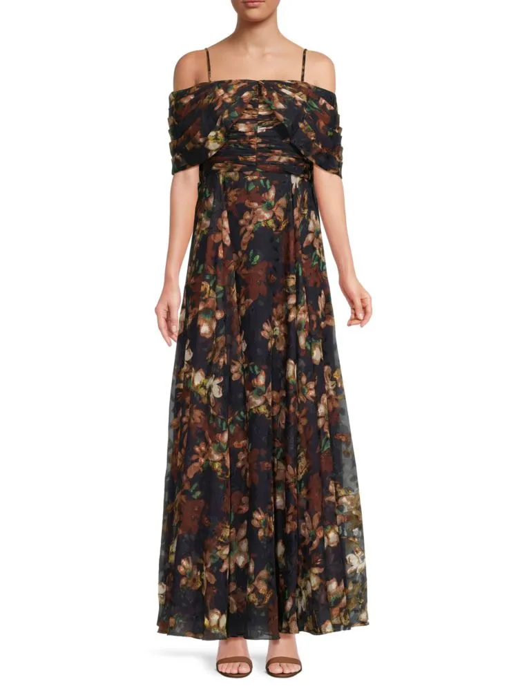 Mikael Aghal Pleated Off Shoulder Floral Print Dress, Navy Multi