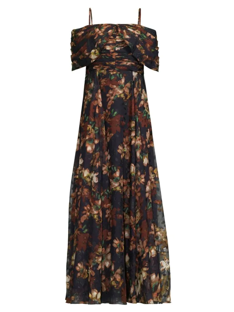 Mikael Aghal Pleated Off Shoulder Floral Print Dress, Navy Multi