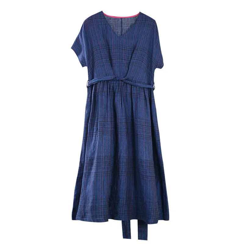 Navy Blue Women Linen  Dresses Summer Women Dresses 1819