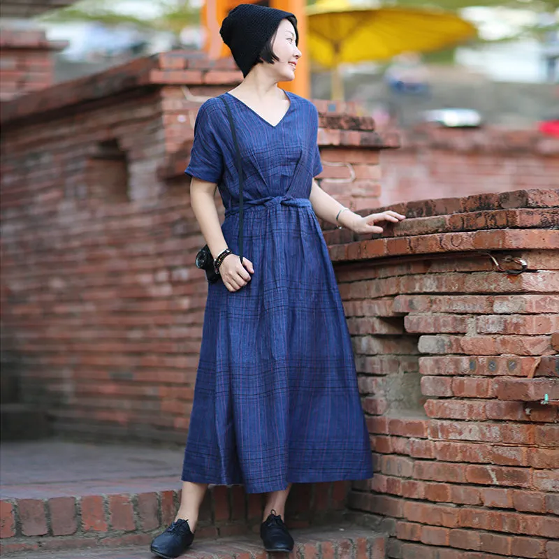 Navy Blue Women Linen  Dresses Summer Women Dresses 1819