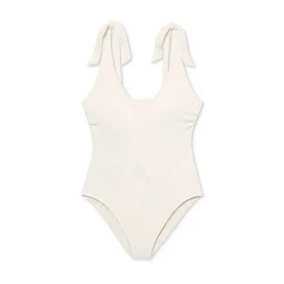 New - Women's Plunge Front Shoulder Tie Ribbed One Piece Swimsuit - Shade & Shore Cream L