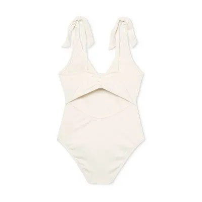 New - Women's Plunge Front Shoulder Tie Ribbed One Piece Swimsuit - Shade & Shore Cream L