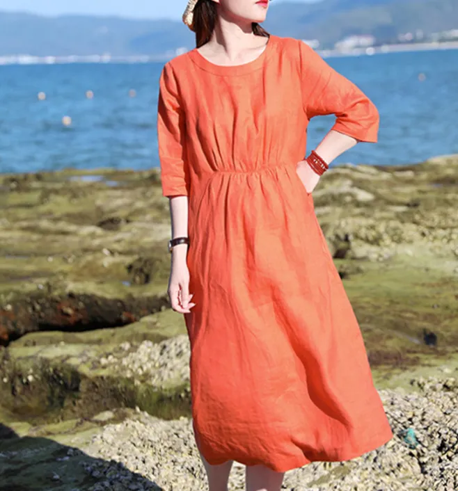 Orange Women Dresses Casual Summer Linen Women Dresses SJ97215