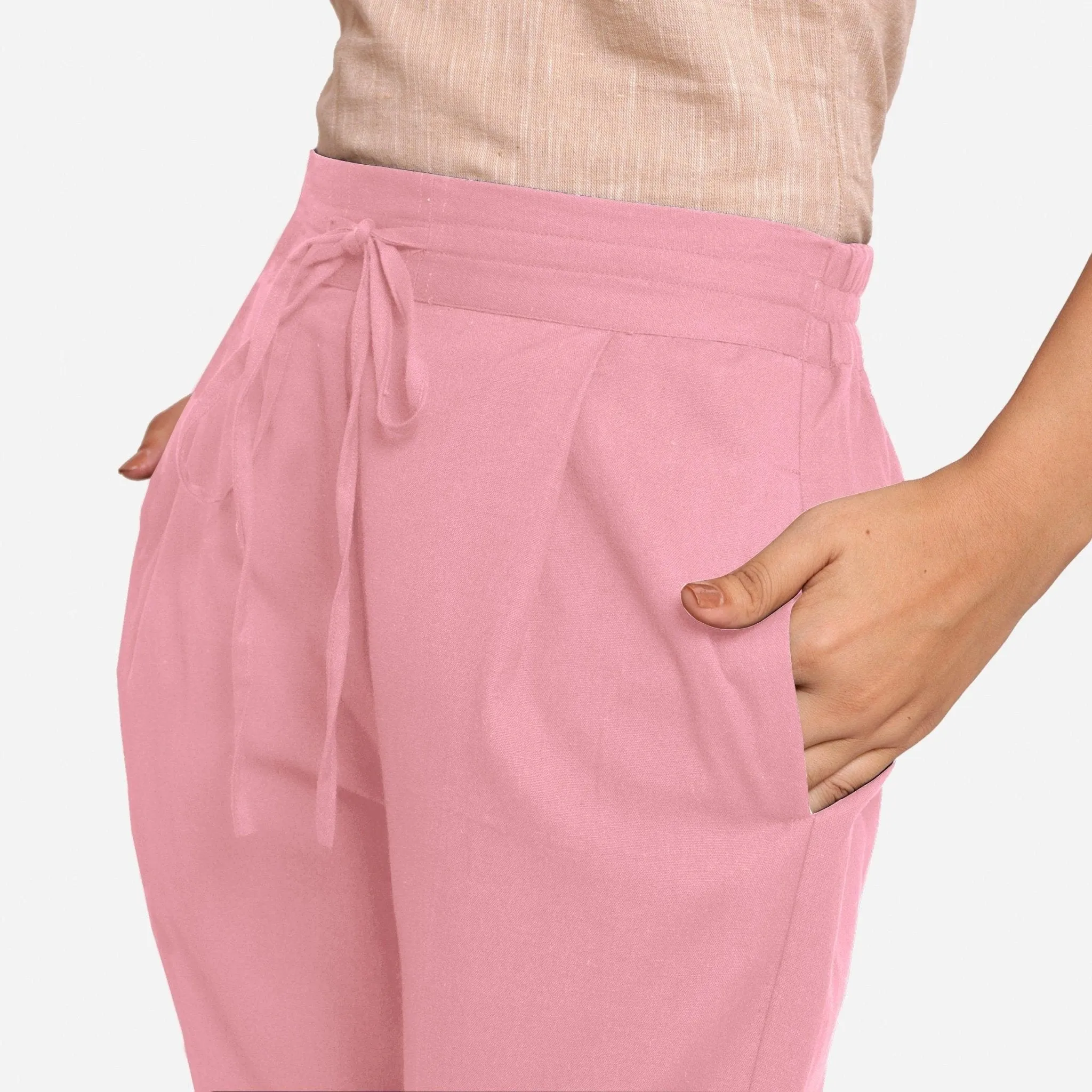 Pink Cotton Flax Elasticated Wide Legged Pant