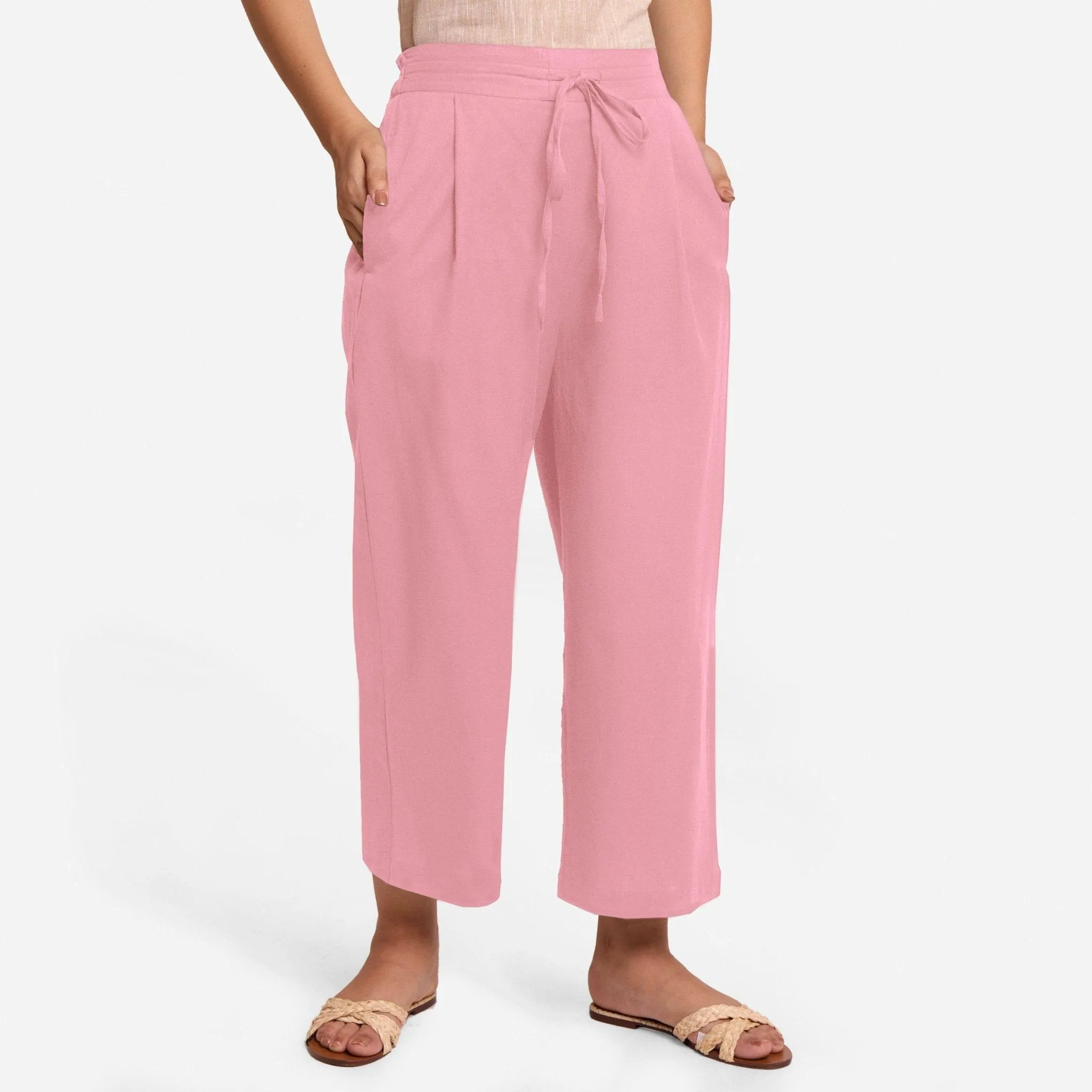 Pink Cotton Flax Elasticated Wide Legged Pant